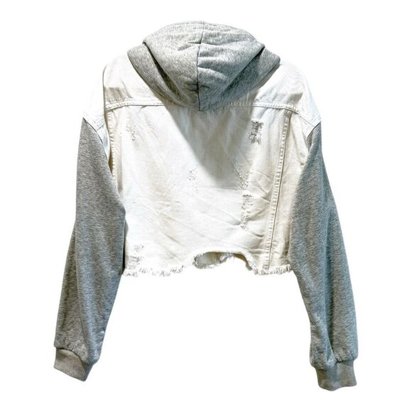 NWOT Dance & Marvel White Gray, Raw Hem, Crop Detachable Hoodie, Denim Jacket, - Picture 8 of 15